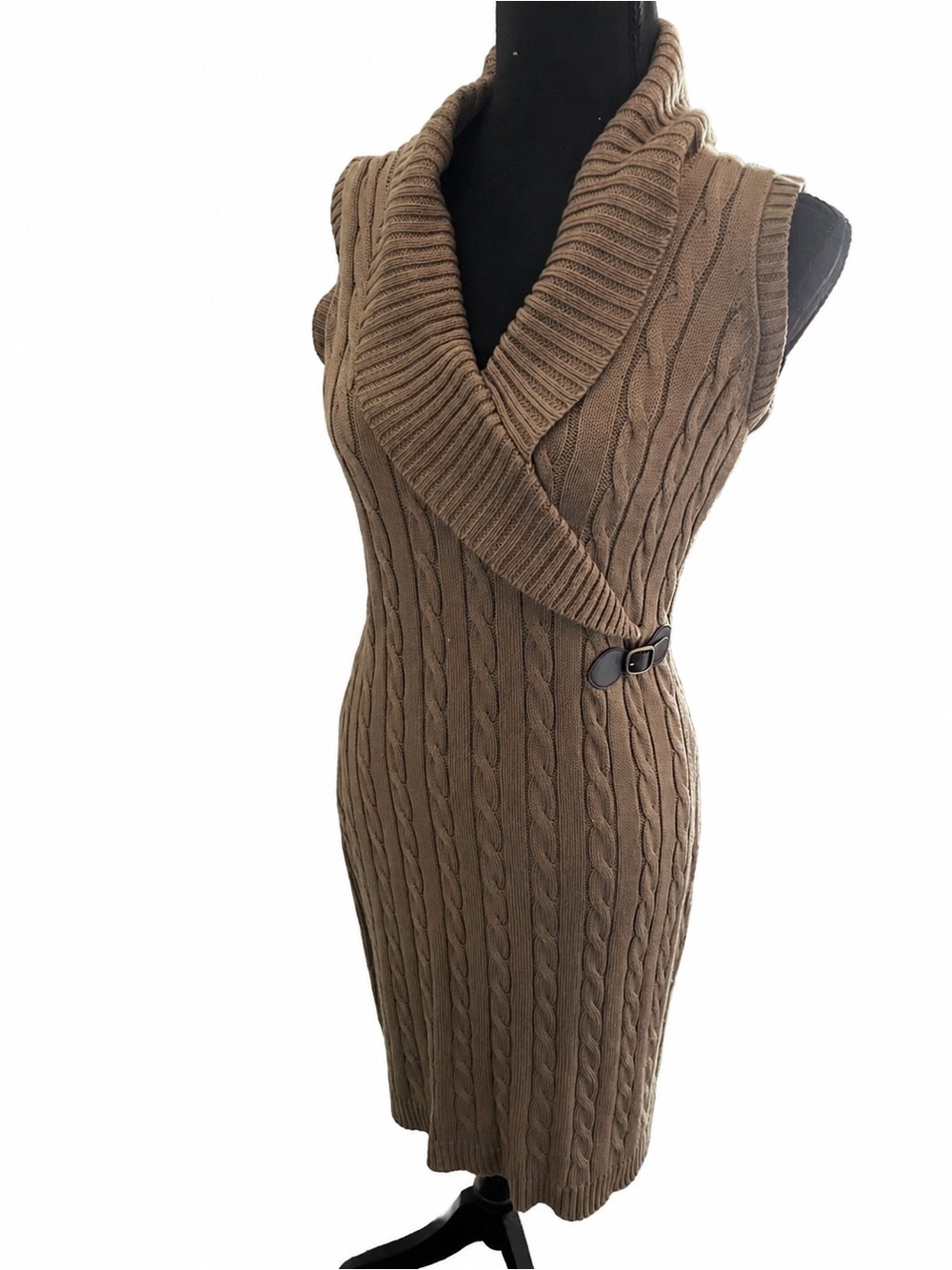 Calvin Klein Cable Knit Sweater Dress – Sleeveless Wrap Style w/ Buckle – Taupe
